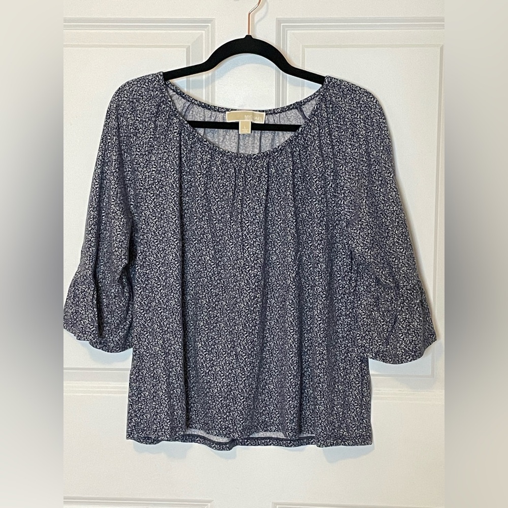 Michael Michael Kors Navy Floral Bell Sleeve Blouse Soft Cotton Modal Large